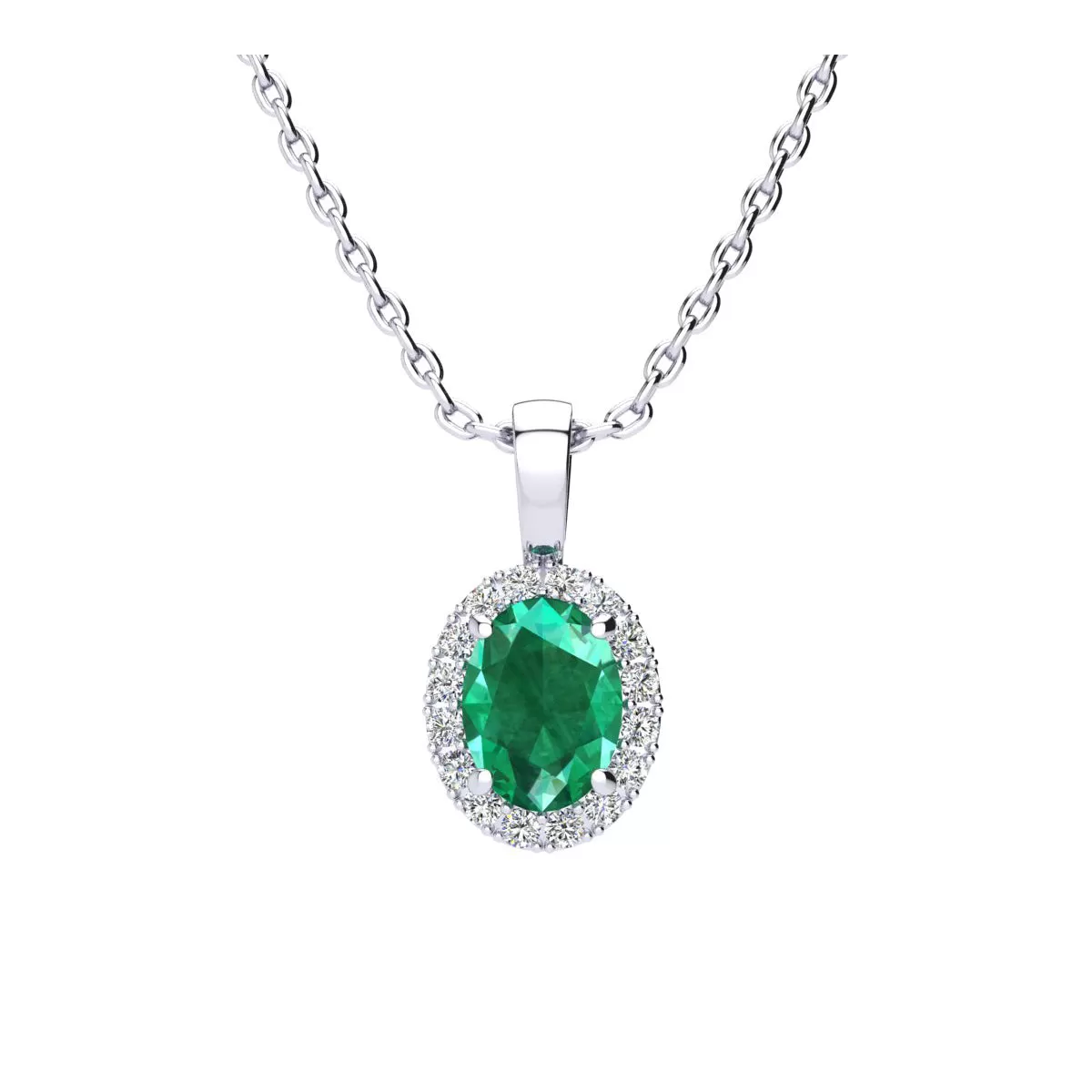 1 1/4 Carat Oval Shape Emerald And Halo Diamond Necklace In Sterling Silver With 18 Inch Chain