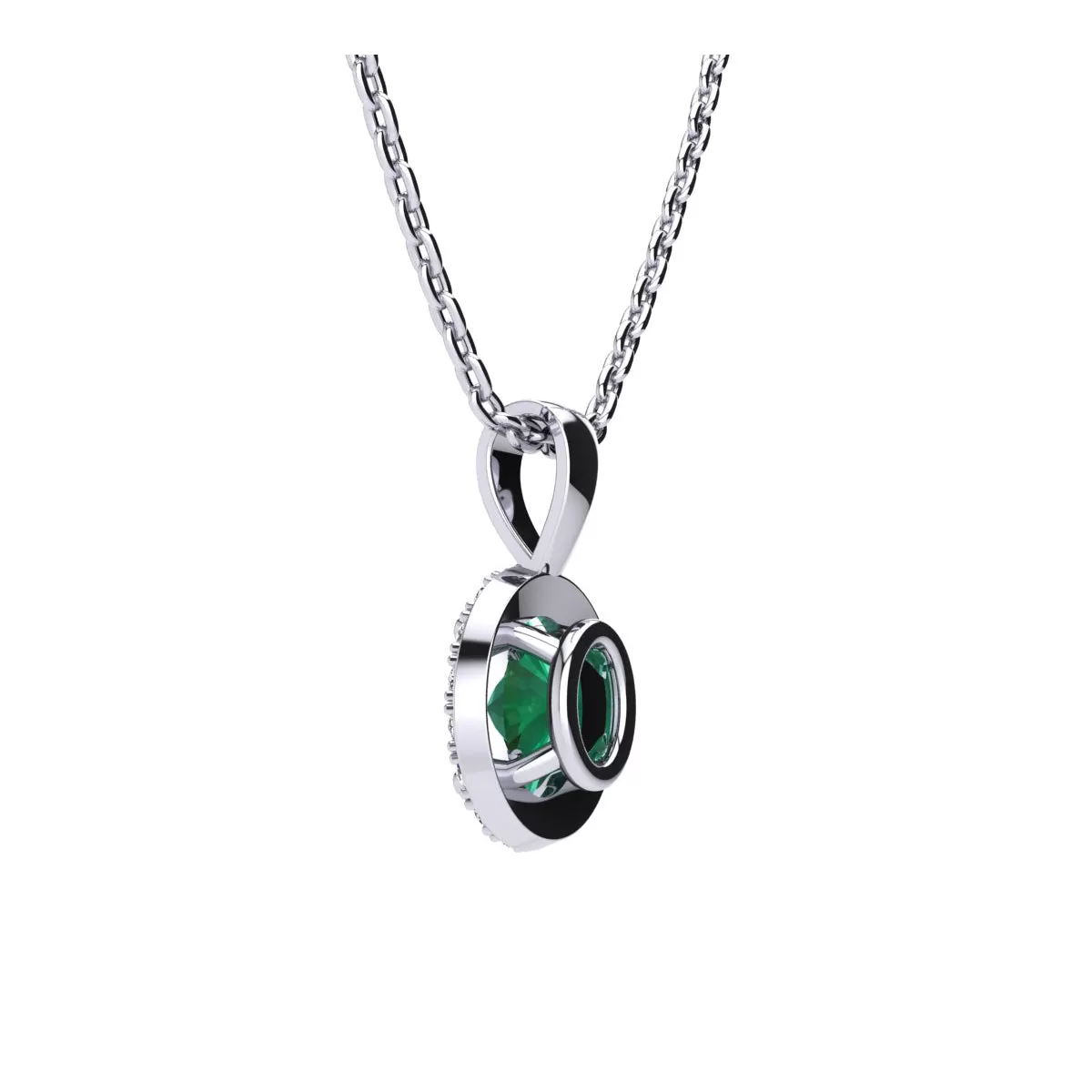 1 1/4 Carat Oval Shape Emerald And Halo Diamond Necklace In Sterling Silver With 18 Inch Chain