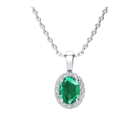 1 1/4 Carat Oval Shape Emerald And Halo Diamond Necklace In Sterling Silver With 18 Inch Chain