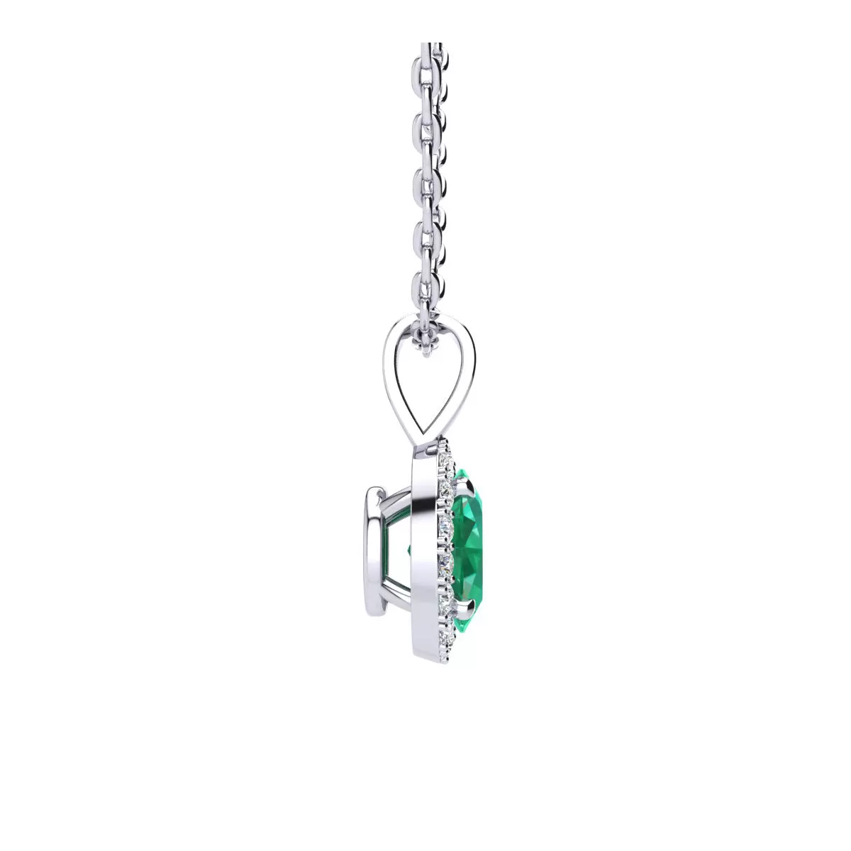 1 1/4 Carat Oval Shape Emerald And Halo Diamond Necklace In Sterling Silver With 18 Inch Chain