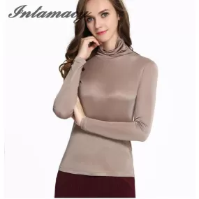 100% Real Silk 150G Double-Sided Knit Female Shirt Sleeved Turtleneck Shirt Lapel Jacket