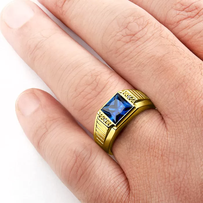 10K Gold Men's Ring with Blue Sapphire and Natural Diamonds