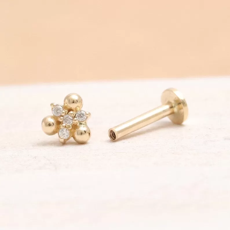 14K Real Gold CZ or Moissanite Genuine Diamond Triple Ball Helix Cartilage Tragus Inner Conch Internally Threaded Flat Back Earring Labret