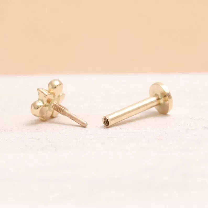 14K Real Gold CZ or Moissanite Genuine Diamond Triple Ball Helix Cartilage Tragus Inner Conch Internally Threaded Flat Back Earring Labret