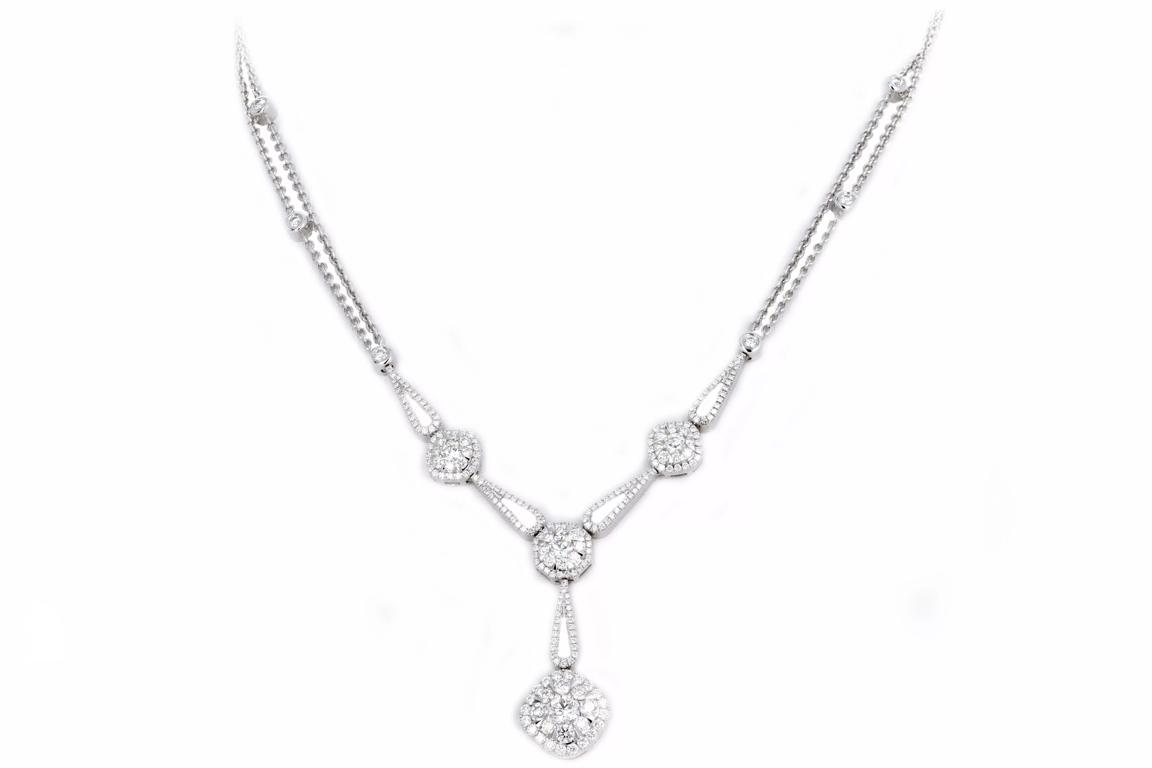 14K White Gold 2.6 Carat Total Weight Round Diamond Halo Pendant Drop Necklace