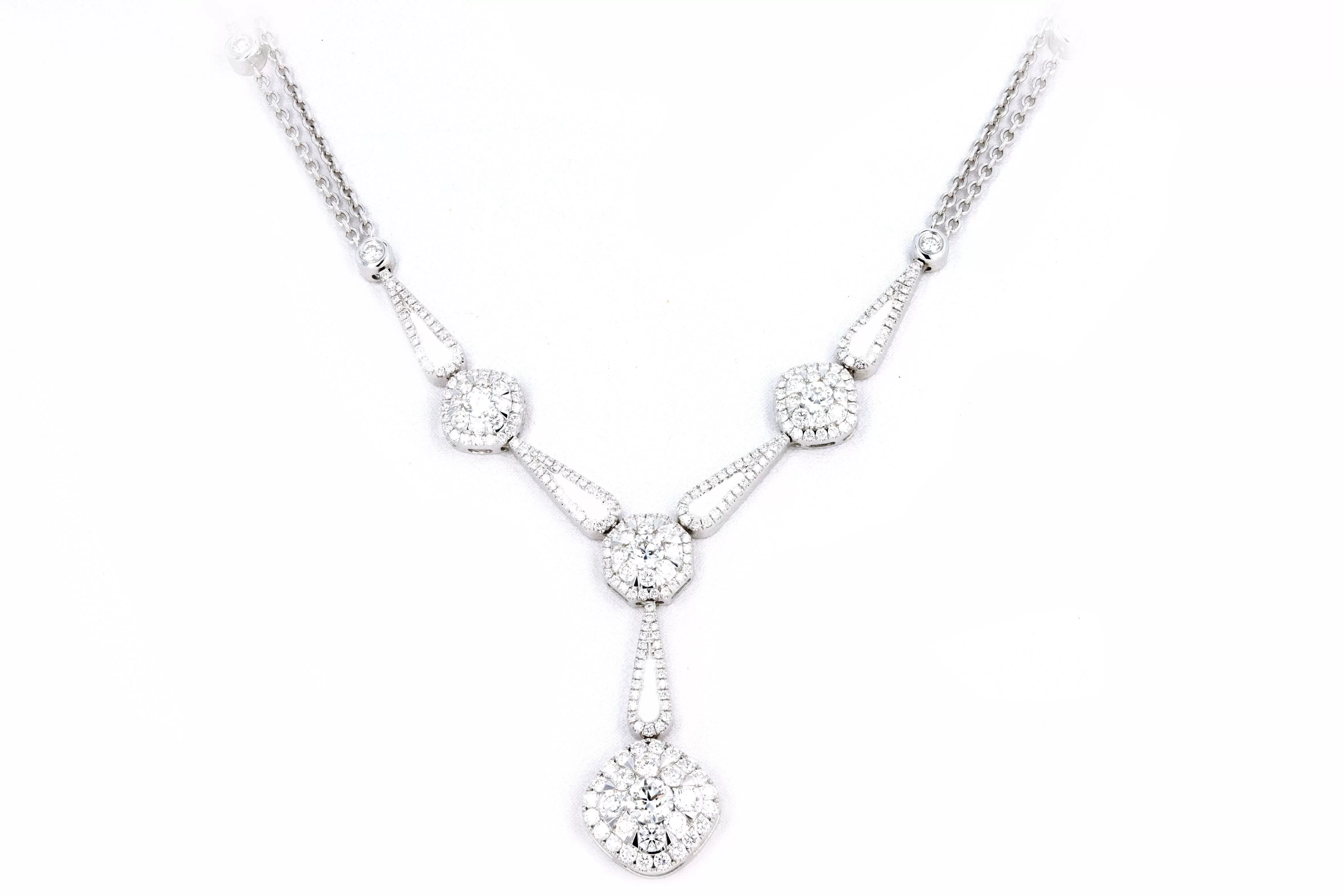 14K White Gold 2.6 Carat Total Weight Round Diamond Halo Pendant Drop Necklace