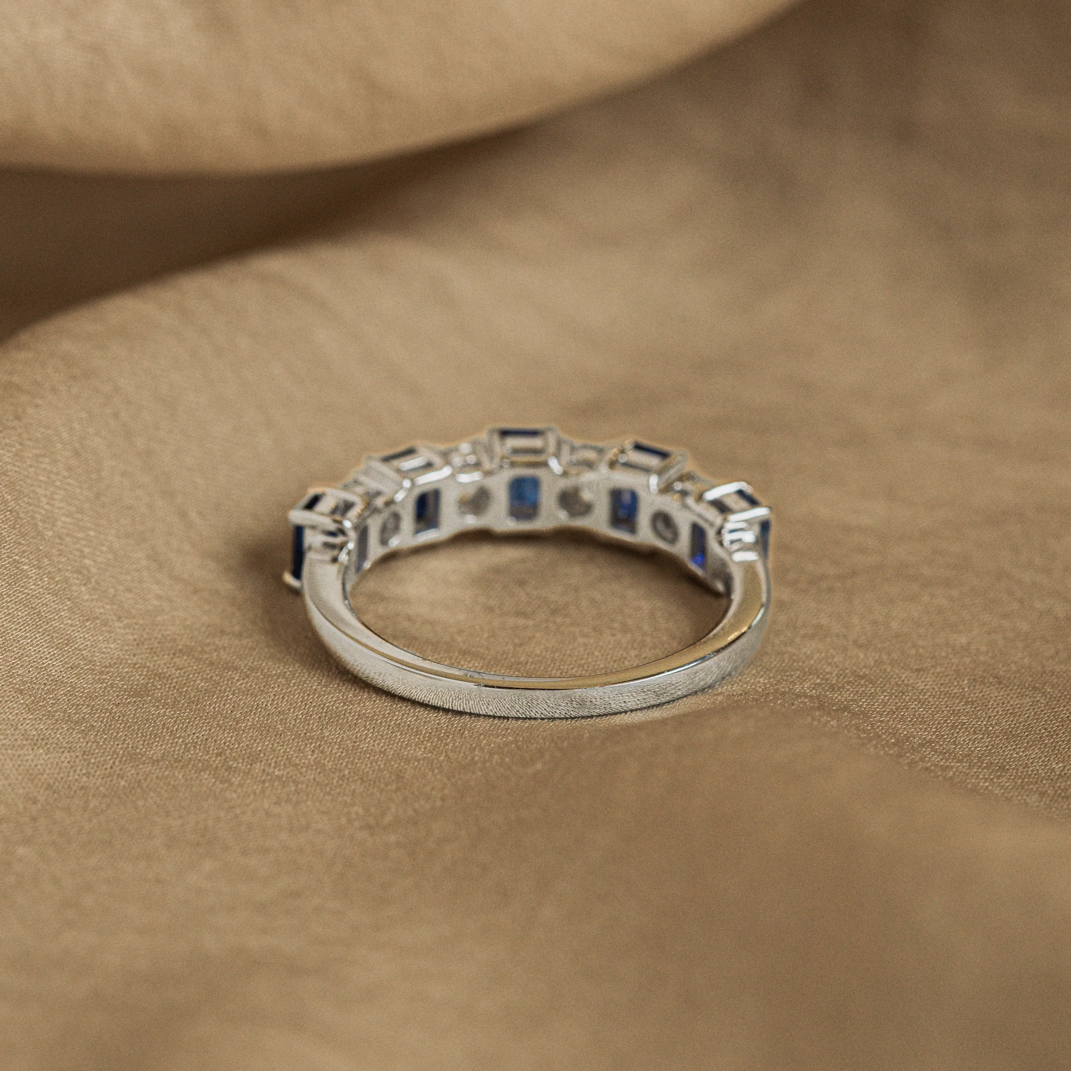 14K White Gold Emerald Cut Natural Sapphire Diamond Band