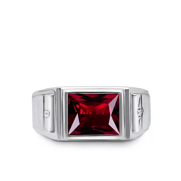 14K White Gold Engagement Ring Red Ruby and 0.04ct Natural Diamond Ring