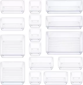 16 Pcs Drawer Organizer Set Dresser Desk Drawer Dividers - 5 Size Bathroom Vanity Cosmetic Makeup Trays - Multipurpose Clear Plastic Storage Bins for Jewelries, Kitchen Gadgets and Office Accessories