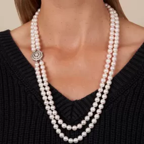 7.5-8 mm AAA Akoya Pearl Long Double Strand with Diamond Clasp Necklace