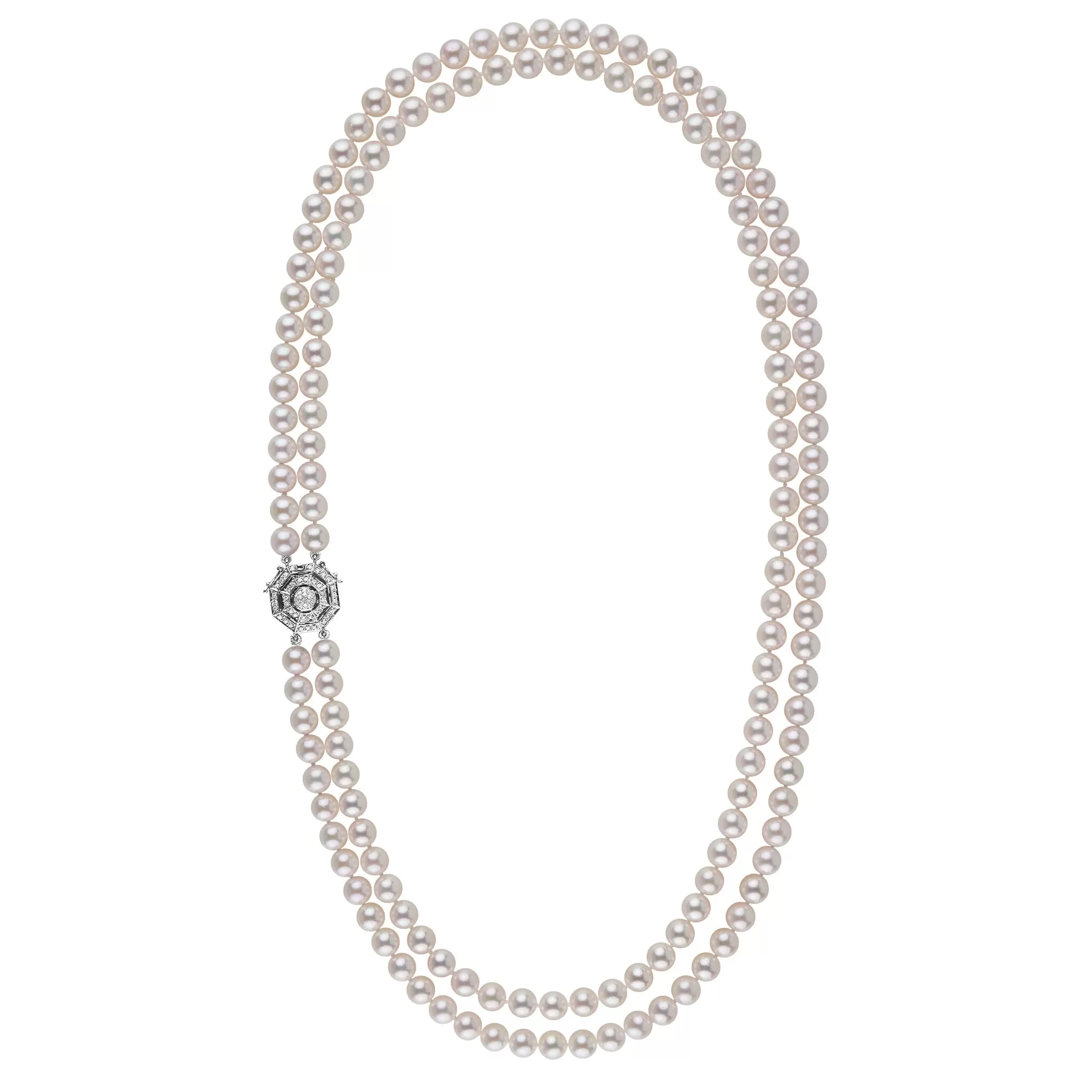 7.5-8 mm AAA Akoya Pearl Long Double Strand with Diamond Clasp Necklace