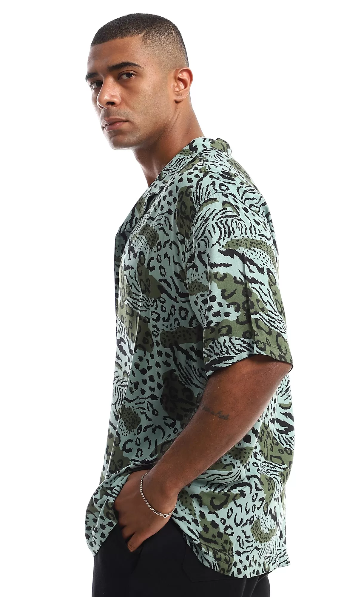 97941 Wild Animal Print Half Sleeves Shirt - Green Shades & Black