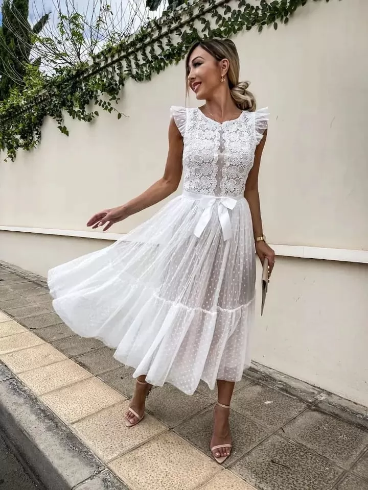 Abito Donna Ricamo Pizzo Fiocco Gonna Campana Tulle Cerimonie