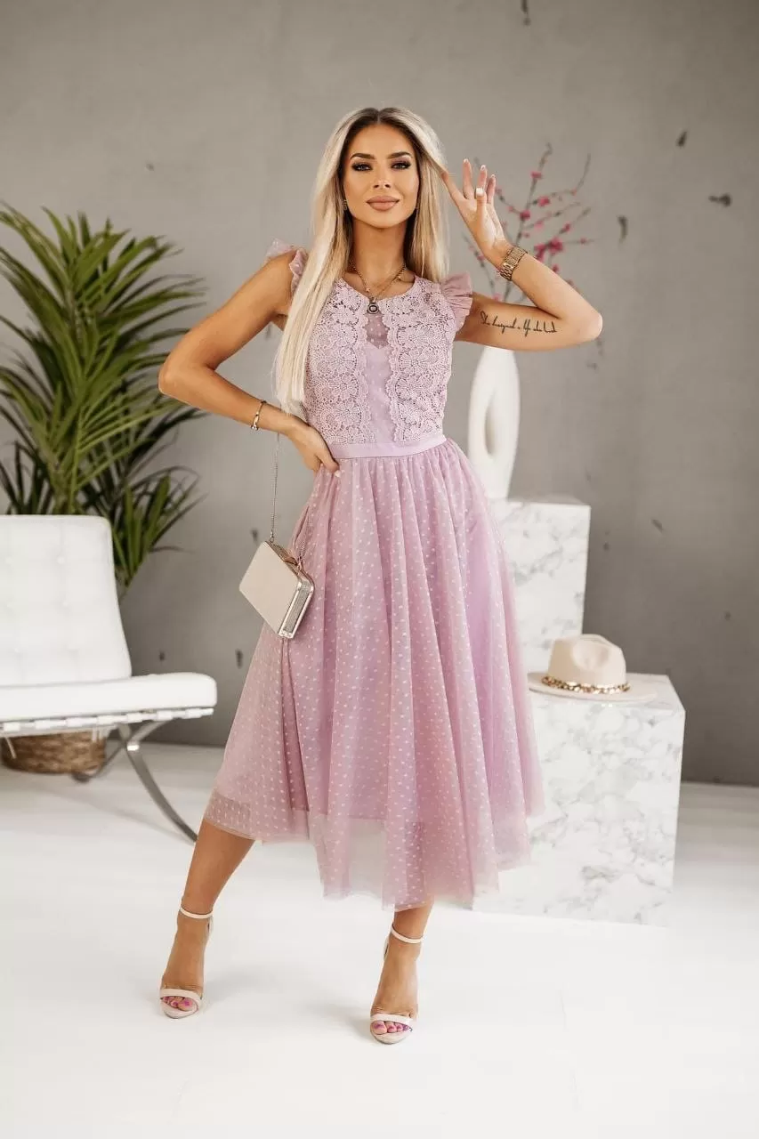 Abito Donna Ricamo Pizzo Fiocco Gonna Campana Tulle Cerimonie