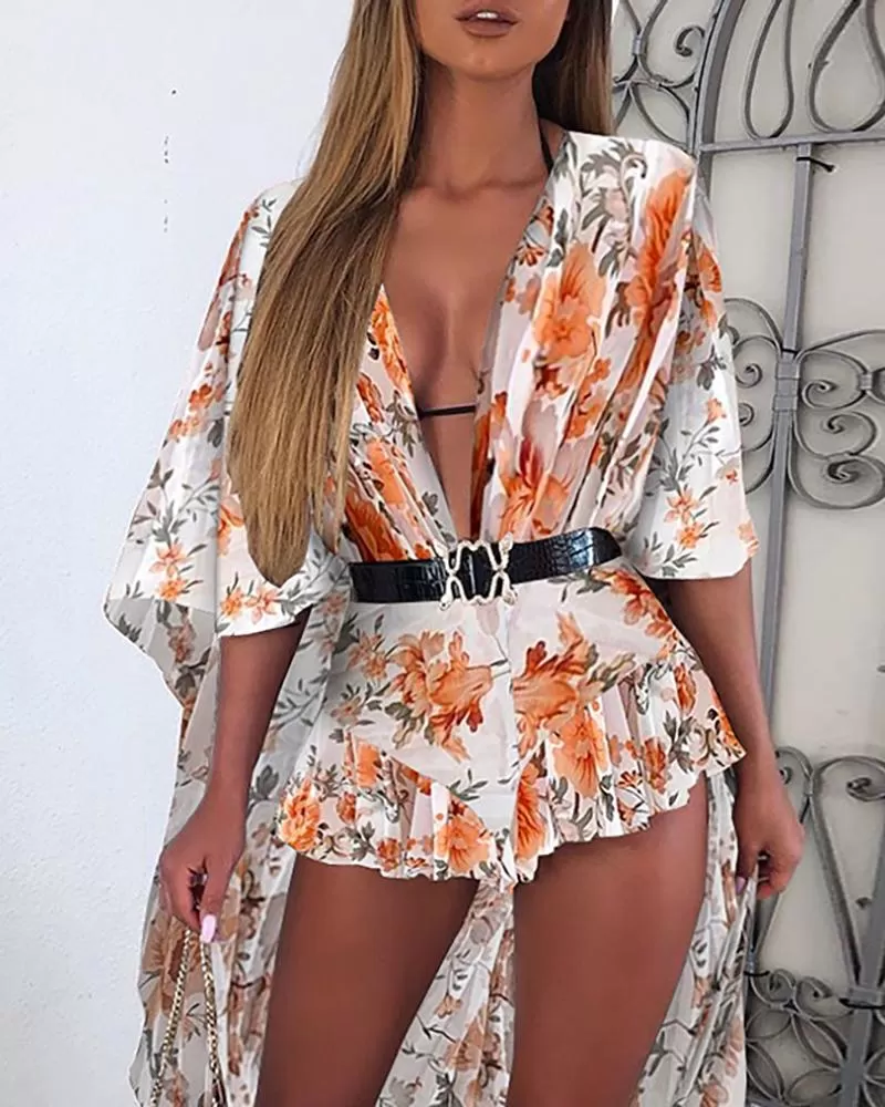 Adriana Deep-V Chiffon Sexy Ruffled Swimsuit Cover Up Playsuit