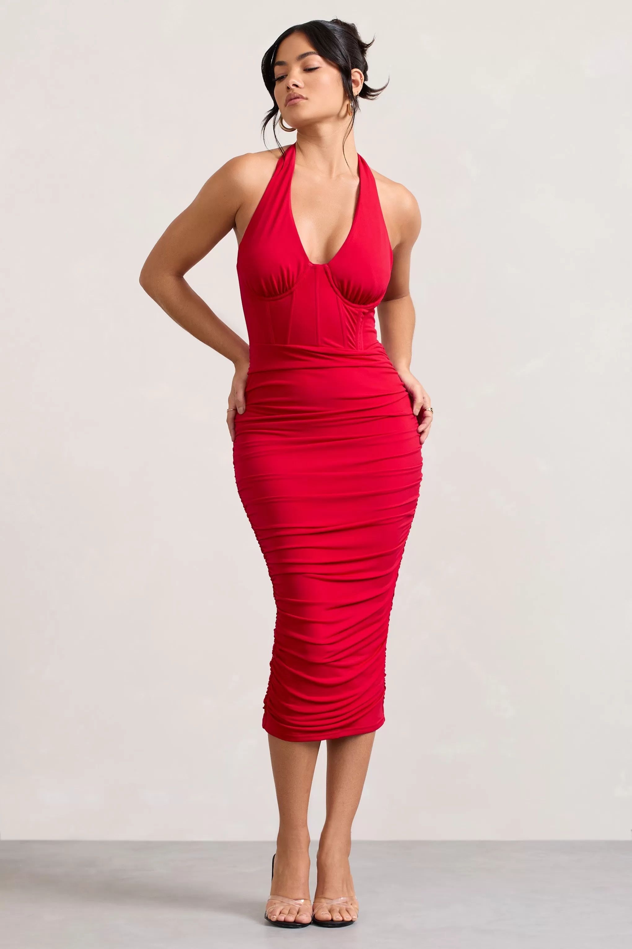 Amy | Red Halter-Neck Corset Ruched Midi Dress