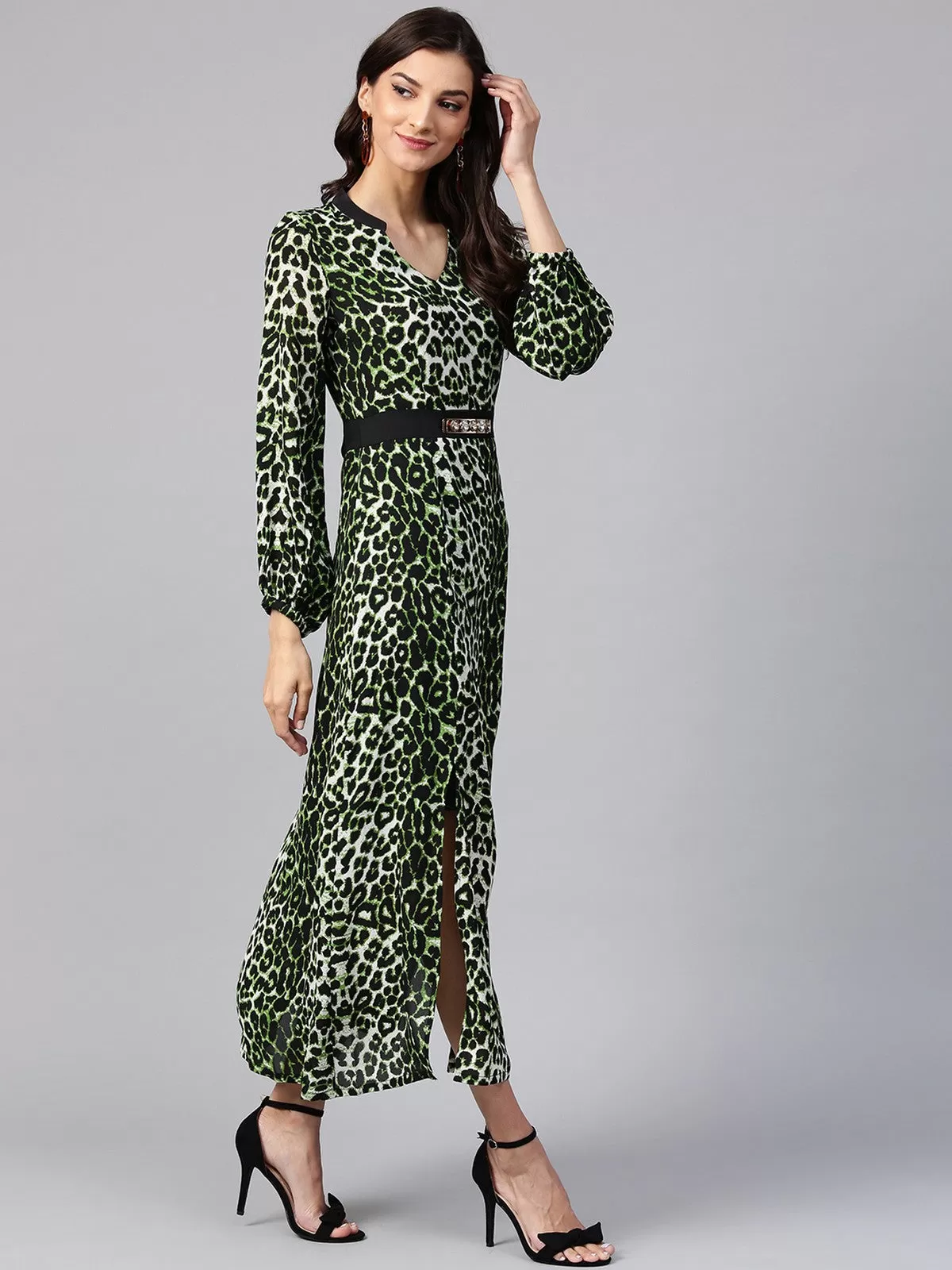 Animal Print Maxi Dress With Embellished Belt