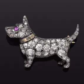 Antique 14K Gold & Sterling Silver 0.68 TCW Diamond & Ruby Dog Brooch Pin 4.0 G