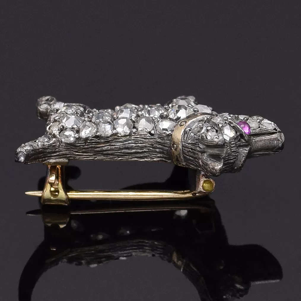 Antique 14K Gold & Sterling Silver 0.68 TCW Diamond & Ruby Dog Brooch Pin 4.0 G