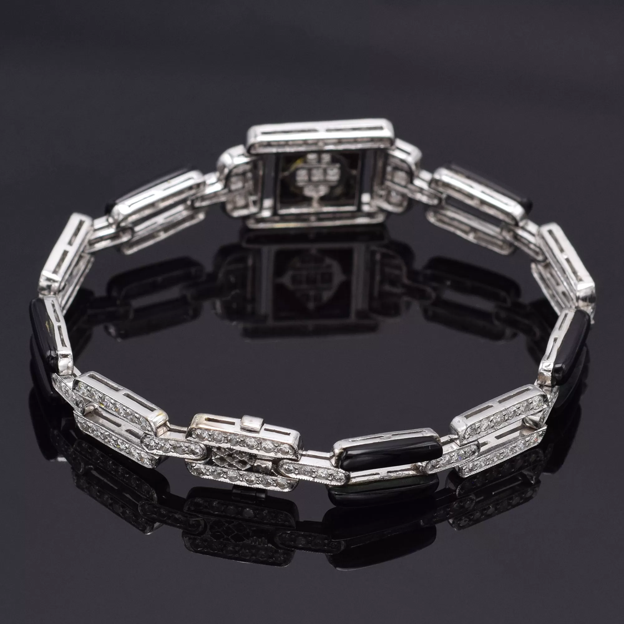 Antique 18K White Gold Onyx & 2.88 TCW Diamond Art Deco Bracelet