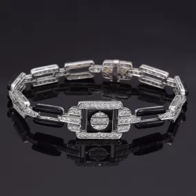 Antique 18K White Gold Onyx & 2.88 TCW Diamond Art Deco Bracelet