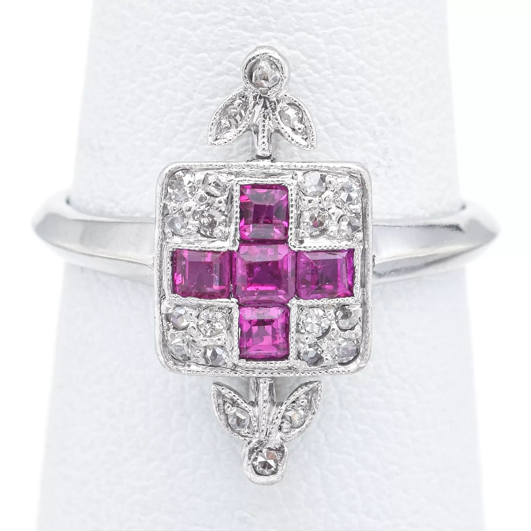 Antique Art Deco 14K White Gold Ruby & Rose & Mine Cut Diamond Band Ring Size 5