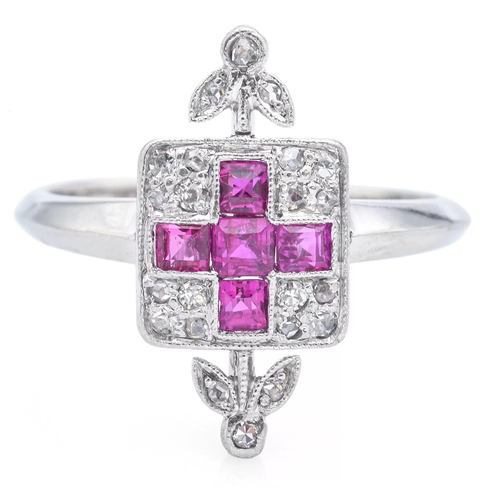 Antique Art Deco 14K White Gold Ruby & Rose & Mine Cut Diamond Band Ring Size 5