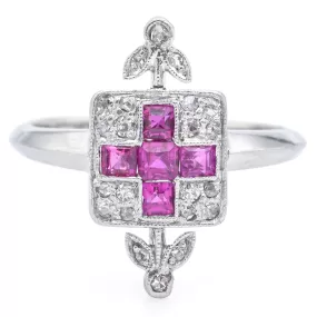 Antique Art Deco 14K White Gold Ruby & Rose & Mine Cut Diamond Band Ring Size 5