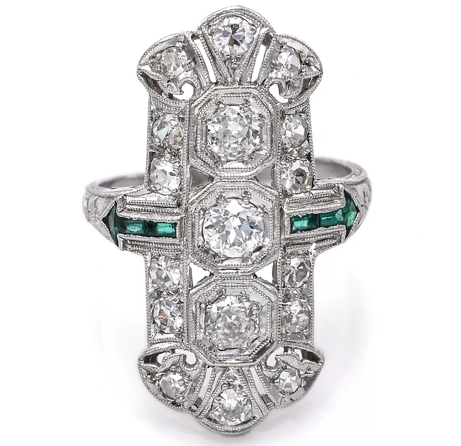 Antique Platinum 1.07 TCW Diamond & Green Paste Art Deco Cocktail Ring E/F VVS