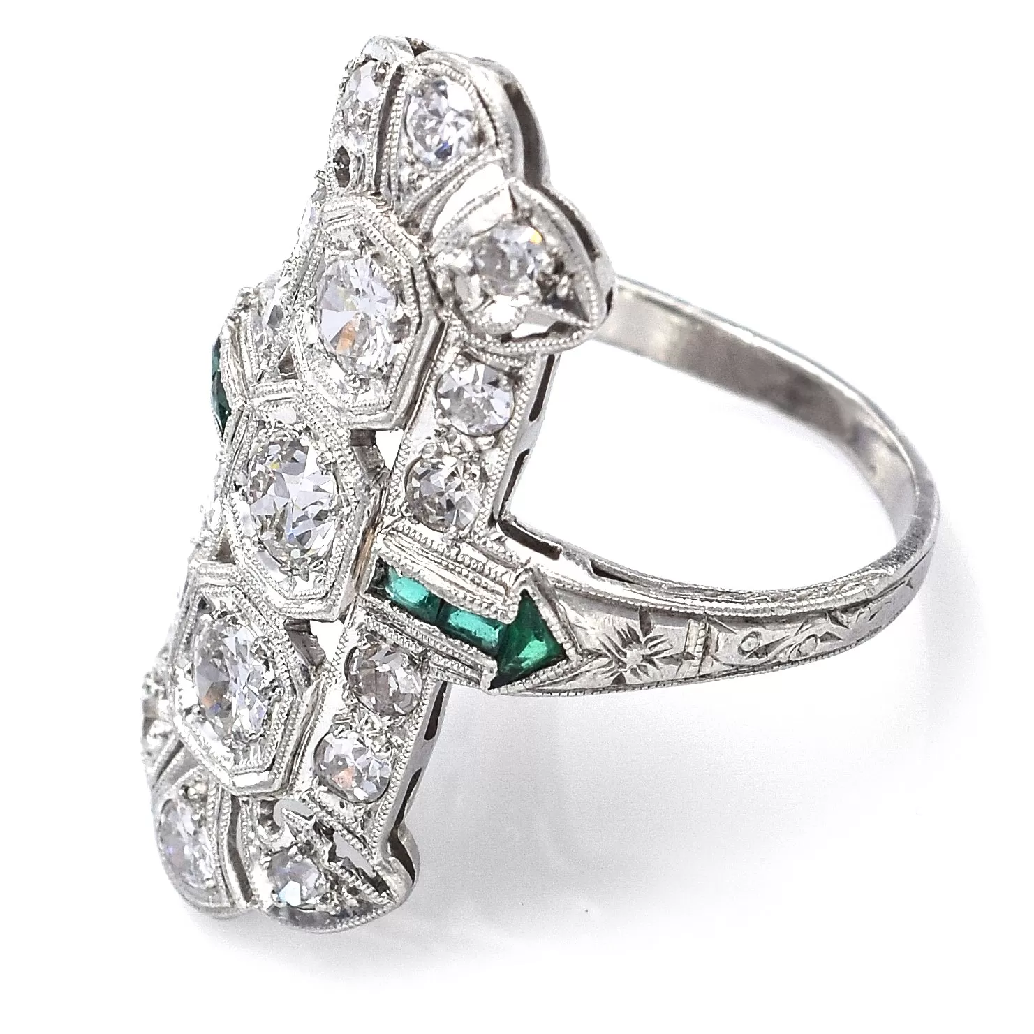 Antique Platinum 1.07 TCW Diamond & Green Paste Art Deco Cocktail Ring E/F VVS