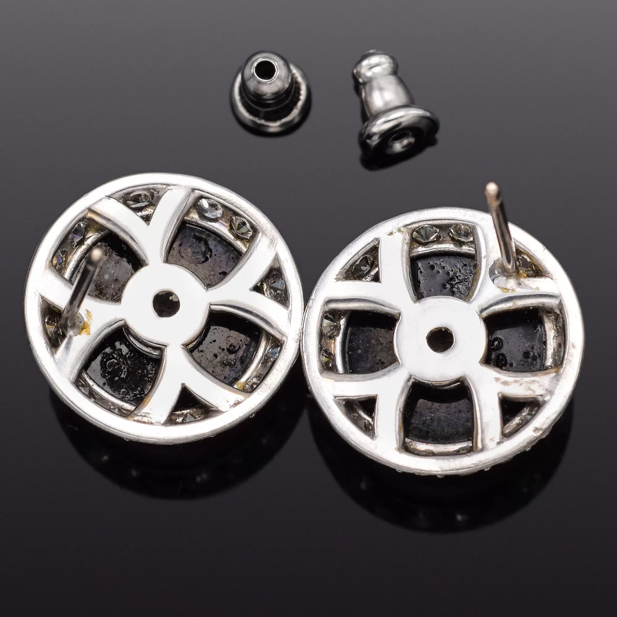 Antique Platinum Onyx & 2.62 TCW Diamond Round Stud Earrings 15.8 mm