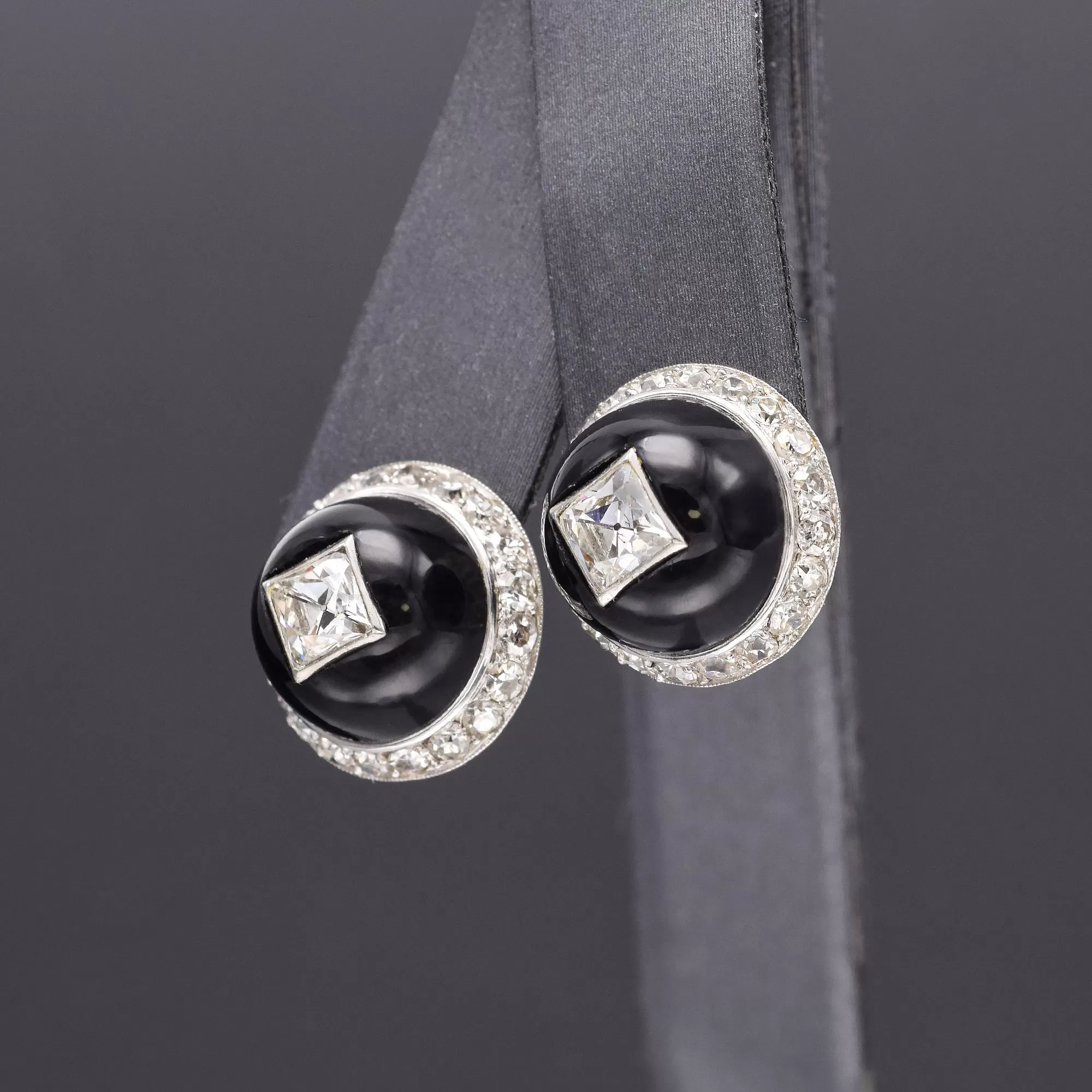 Antique Platinum Onyx & 2.62 TCW Diamond Round Stud Earrings 15.8 mm