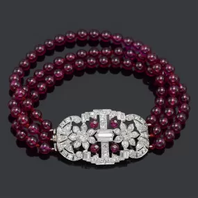 Antique Platinum Ruby & 3.85 TCW Diamond Art Deco Beaded Multi-Strand Bracelet