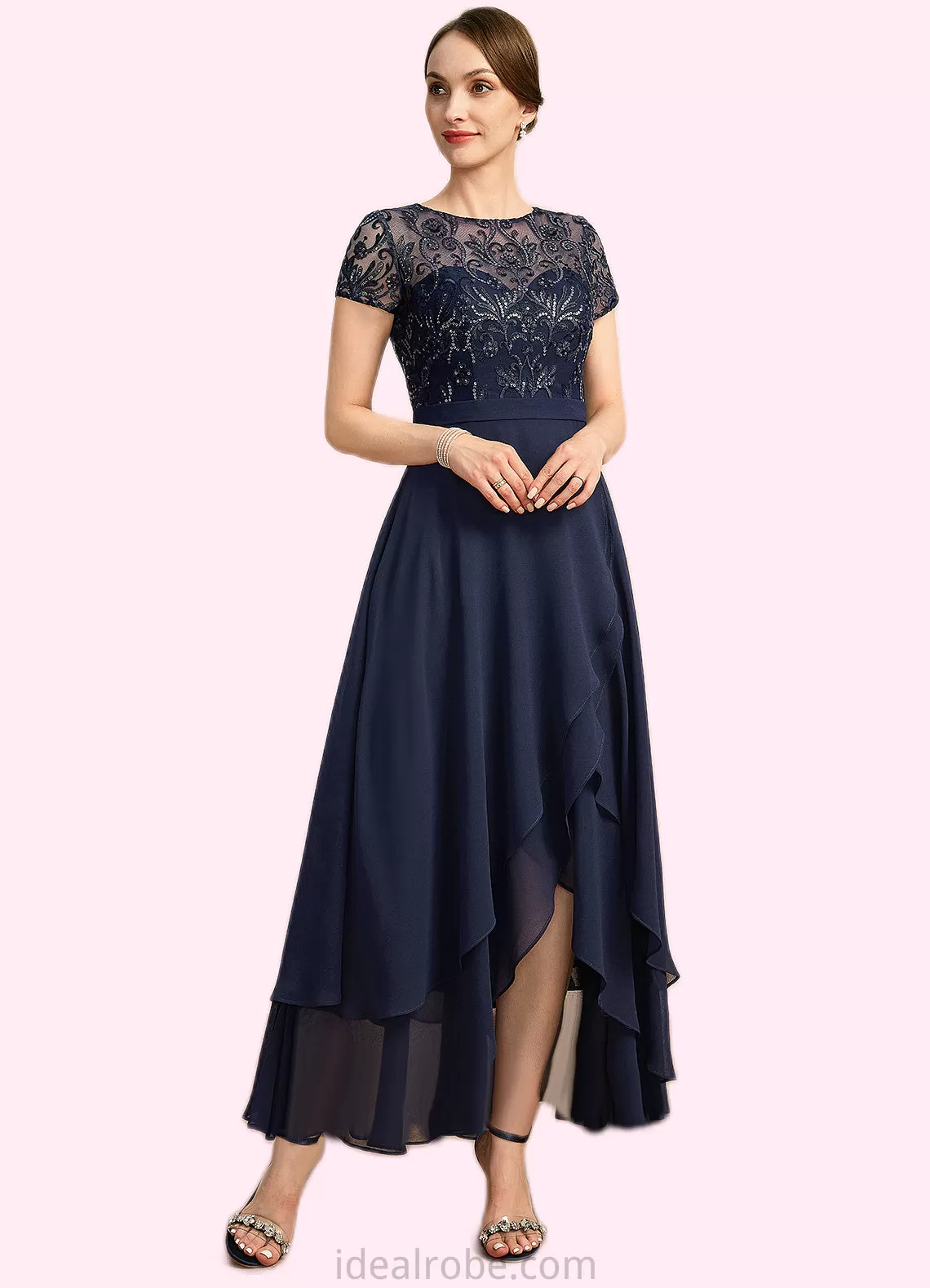 Ashleigh A-line Scoop Illusion Asymmetrical Chiffon Lace Mother of the Bride Dress With Sequins STKP0021902