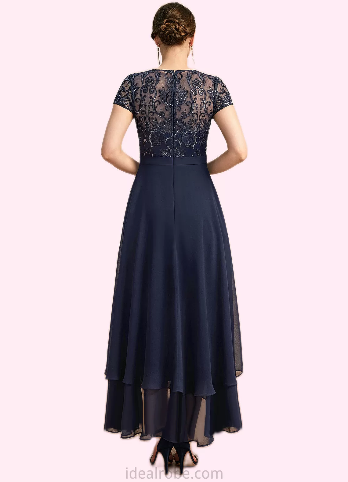 Ashleigh A-line Scoop Illusion Asymmetrical Chiffon Lace Mother of the Bride Dress With Sequins STKP0021902