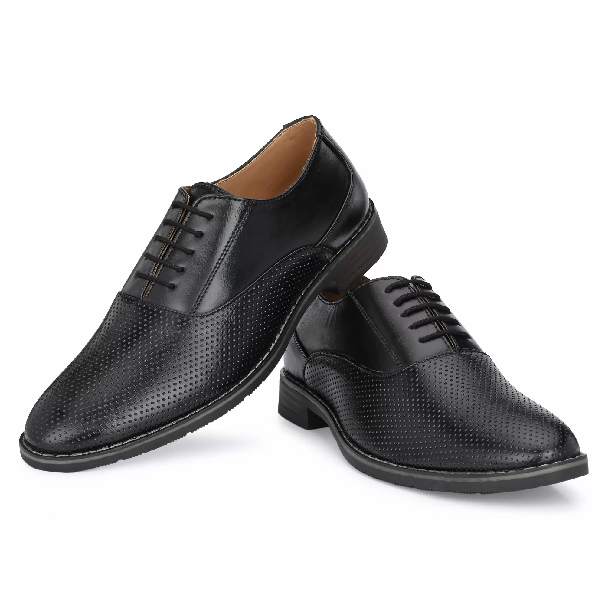 Attitudist Unisex Handcrafted Oxford Black Formal Laceup Derby Shoes With Dotted Texture