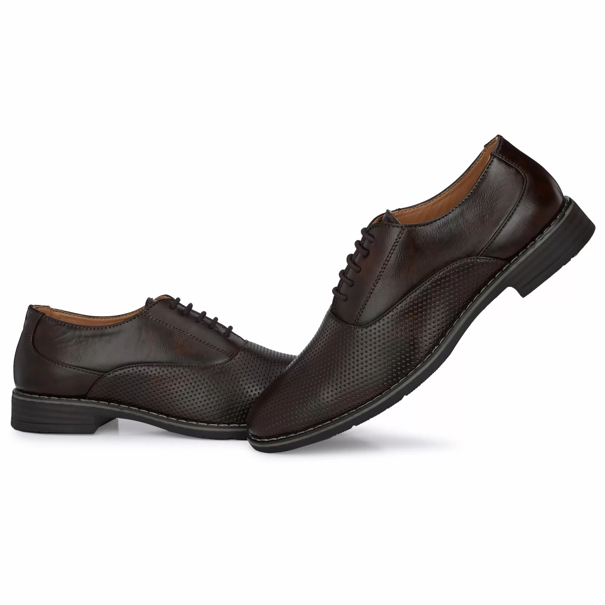 Attitudist Unisex Handcrafted Oxford Brown Formal Laceup Derby Shoes With Dotted Texture