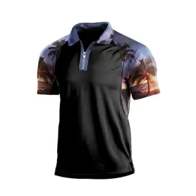 BEACH ZIPPER PRINTED PATCHWORK RAGLAN POLO SHIRT