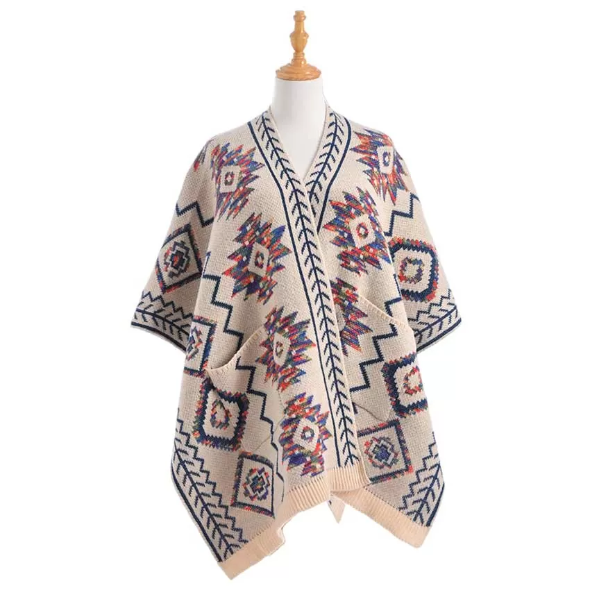 Beautiful Boho Patterned Front Pockets Poncho