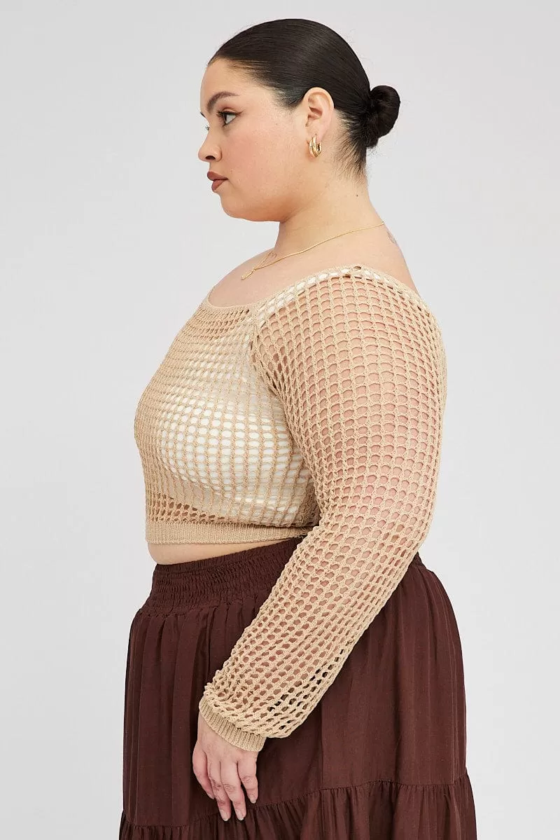 Beige Fishnet Knit Top Long Sleeve Square Neck