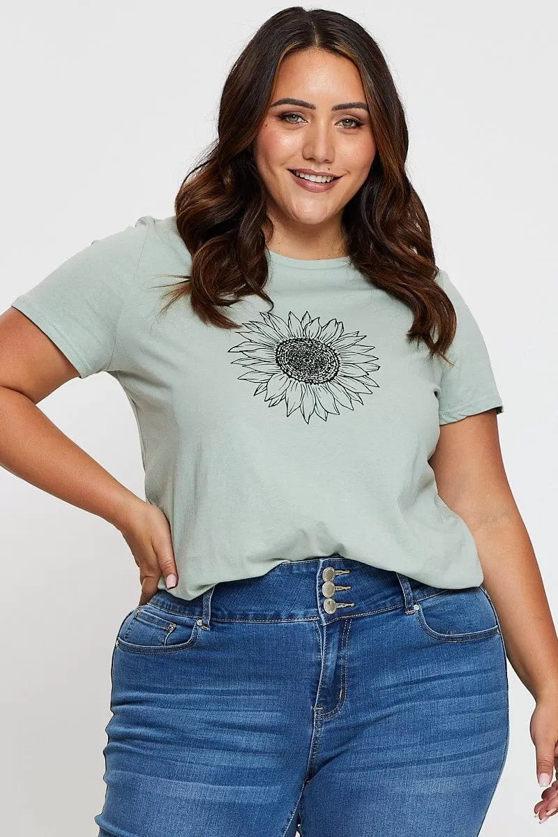 Beige Graphic T-Shirt Sunflower Crew Neck Short Sleeve