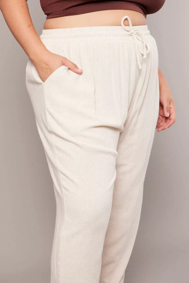 Beige Tapered Pants Elasticated Waist Cropped