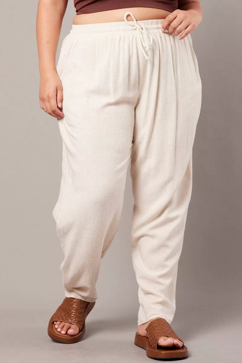 Beige Tapered Pants Elasticated Waist Cropped