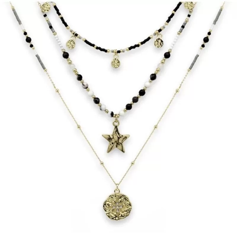 Black And Gold Triple Layering Necklace