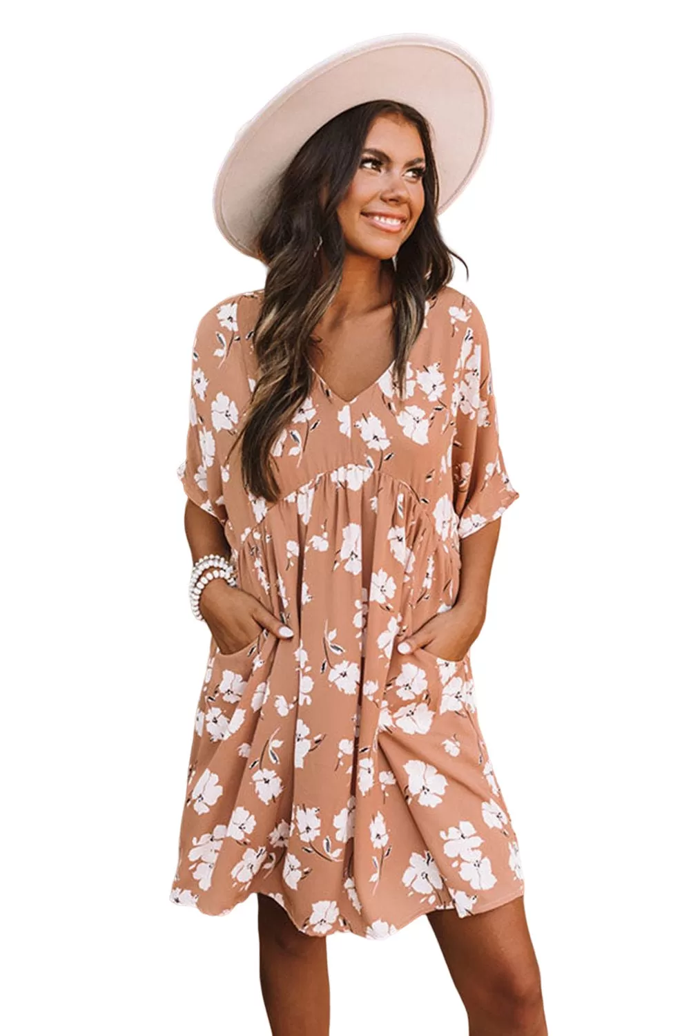 Black Khaki V Neck Floral Babydoll Dress with Pockets