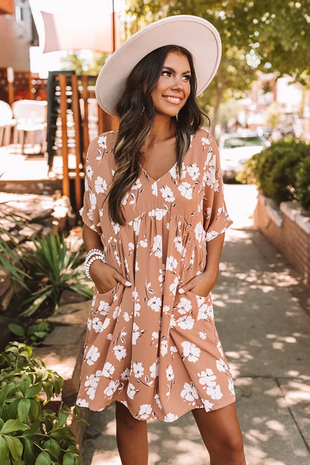 Black Khaki V Neck Floral Babydoll Dress with Pockets