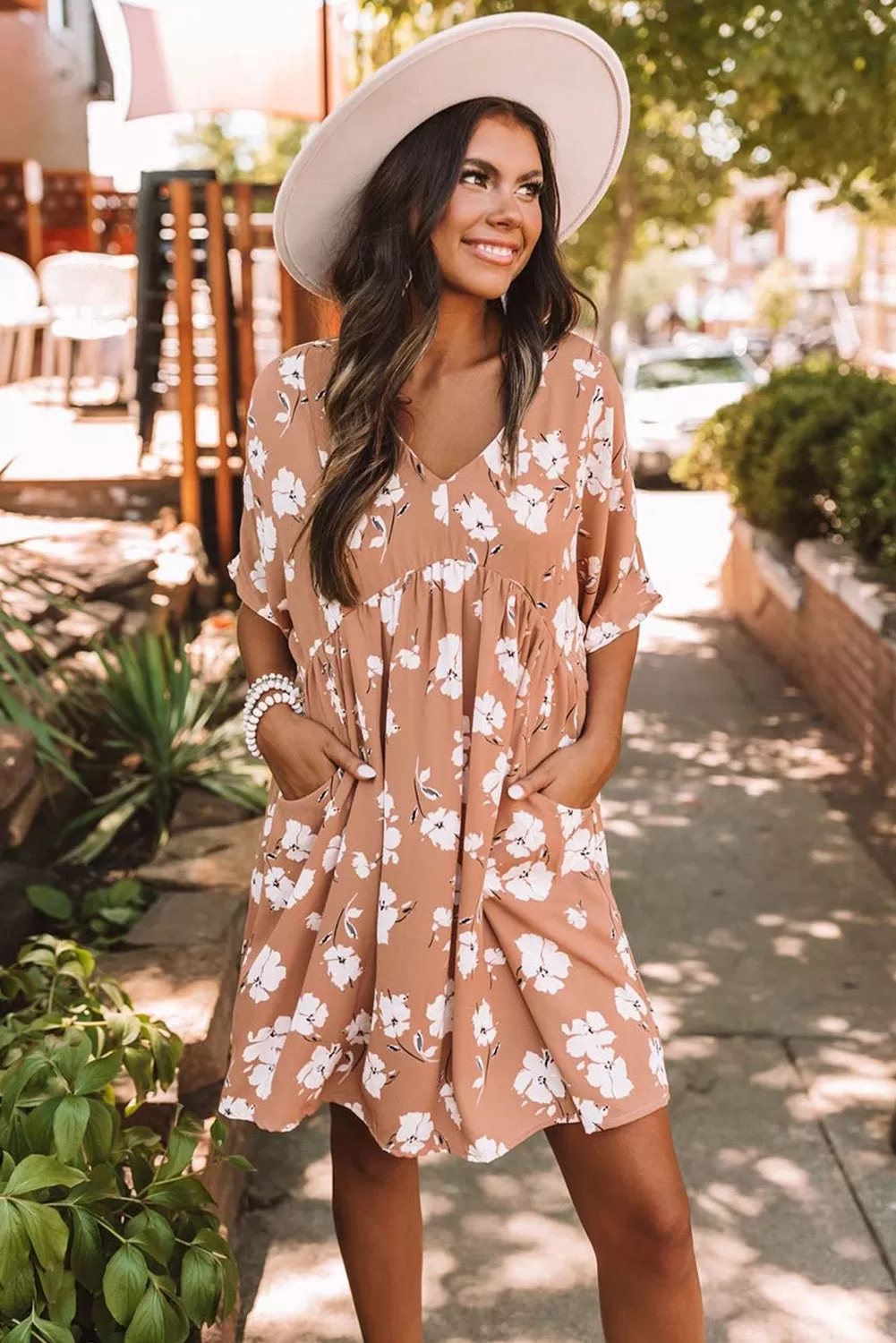 Black Khaki V Neck Floral Babydoll Dress with Pockets