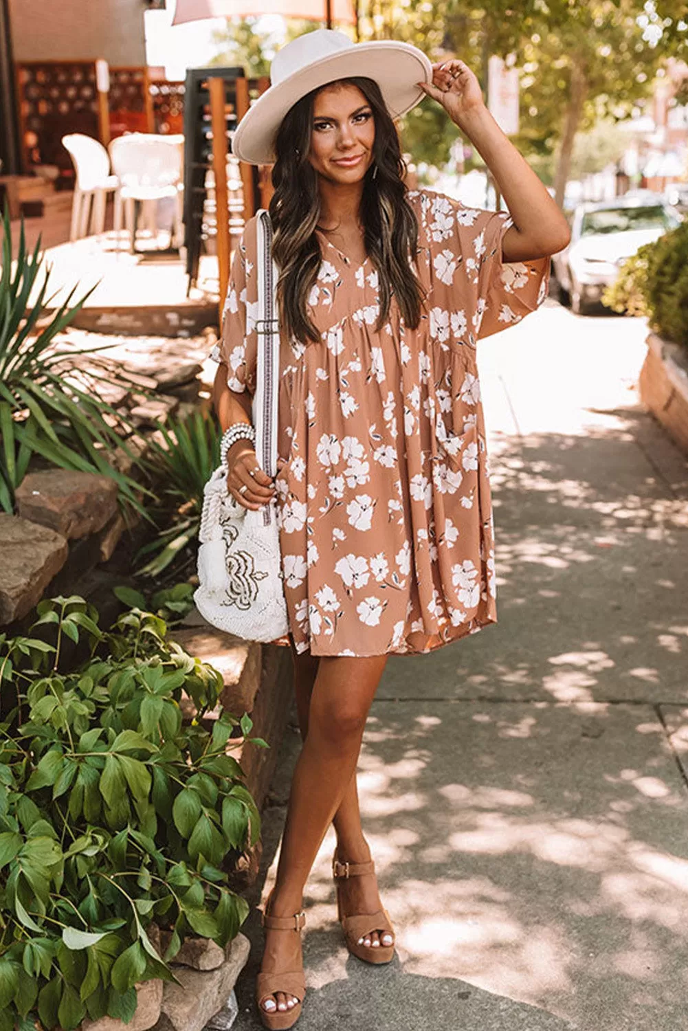 Black Khaki V Neck Floral Babydoll Dress with Pockets