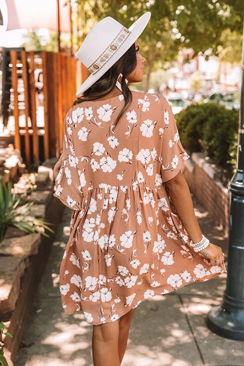 Black Khaki V Neck Floral Babydoll Dress with Pockets