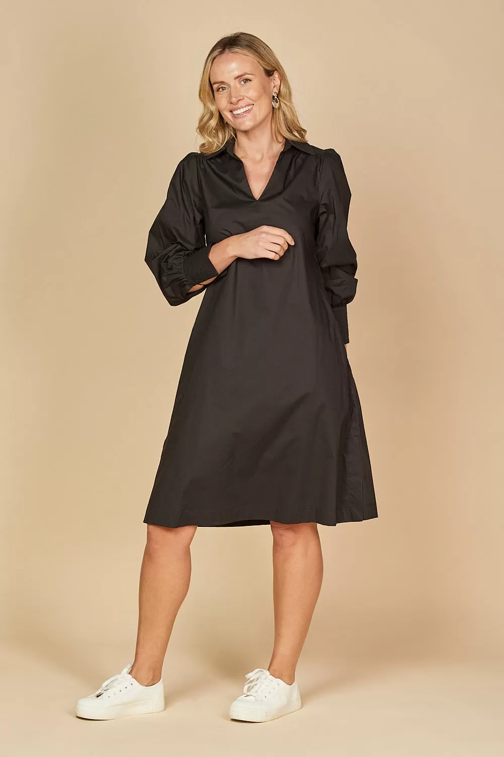 Blaine Collared Poplin Dress in Black